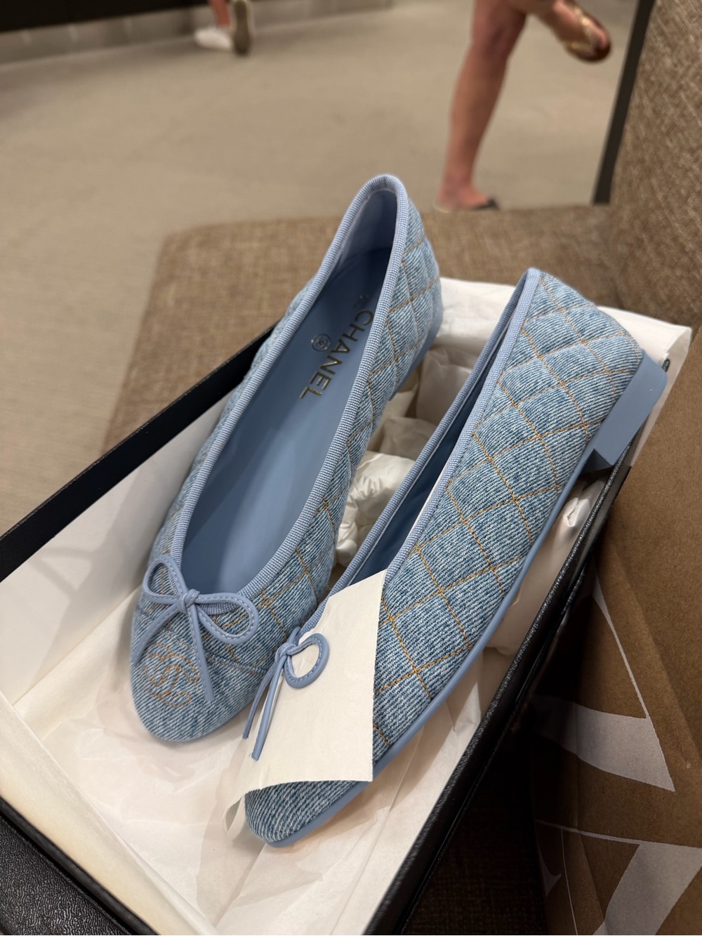 CHANEL Light Blue & Gold Quilted Denim ballet flats NIB NWT size 38